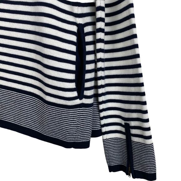 FOXCROFT Cardigan L 100% Cotton Navy White Striped Zip Front Coastal Beachy - Picture 7 of 11